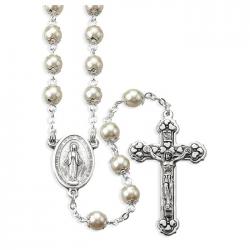  WHITE FAUX PEARL DOUBLE CAPPED ROUND BEAD ROSARY 